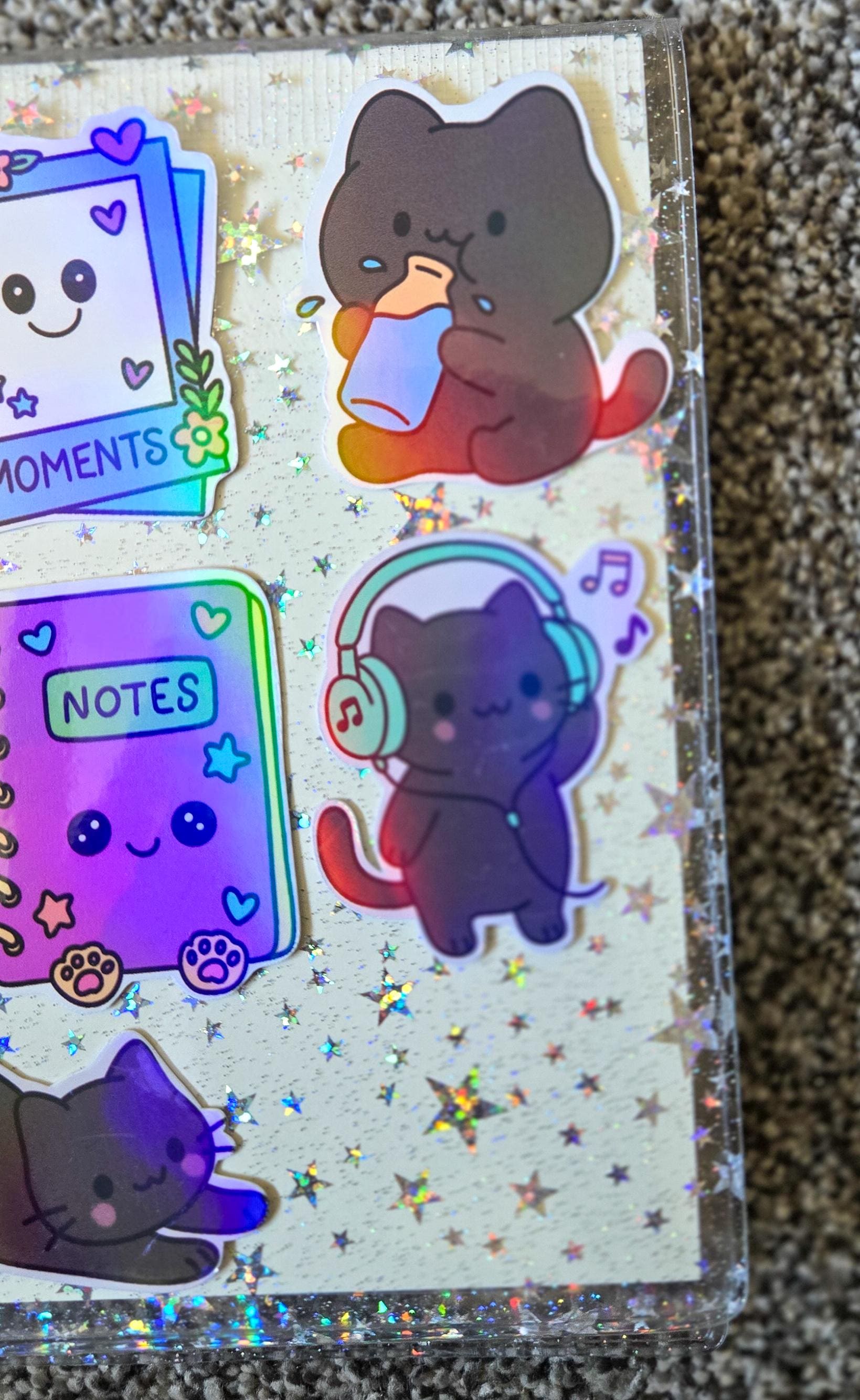 Stationary Kitty Themed Hand Drawn Glossy Holographic Sticker Flakes Planner Journal Laptop Notebook Stickers