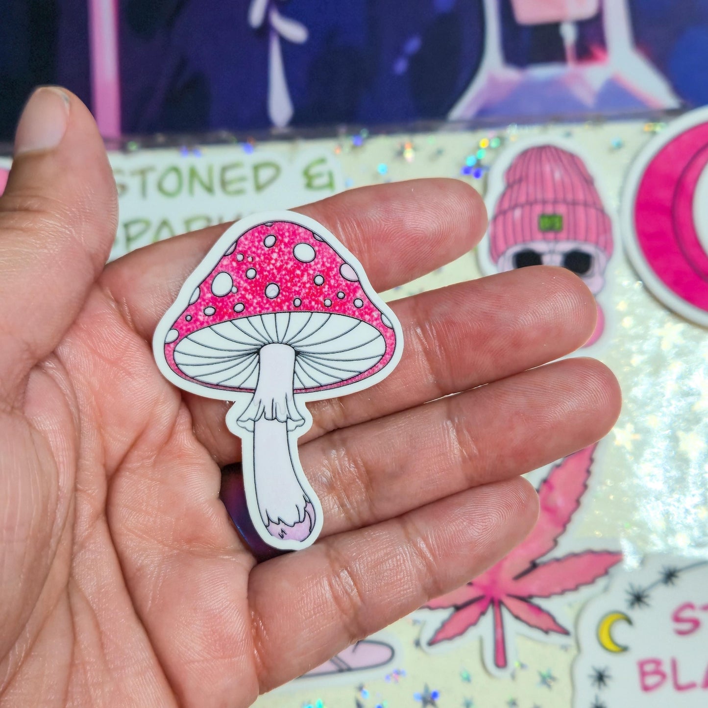 Girly Stoner Pink Stoner Themed Hand Drawn Glossy Sticker Flakes