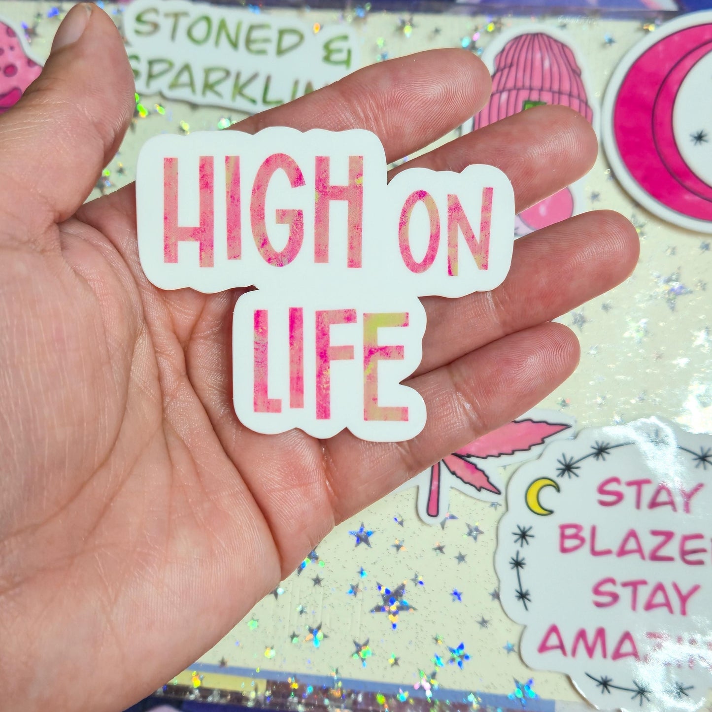 Girly Stoner Pink Stoner Themed Hand Drawn Glossy Sticker Flakes