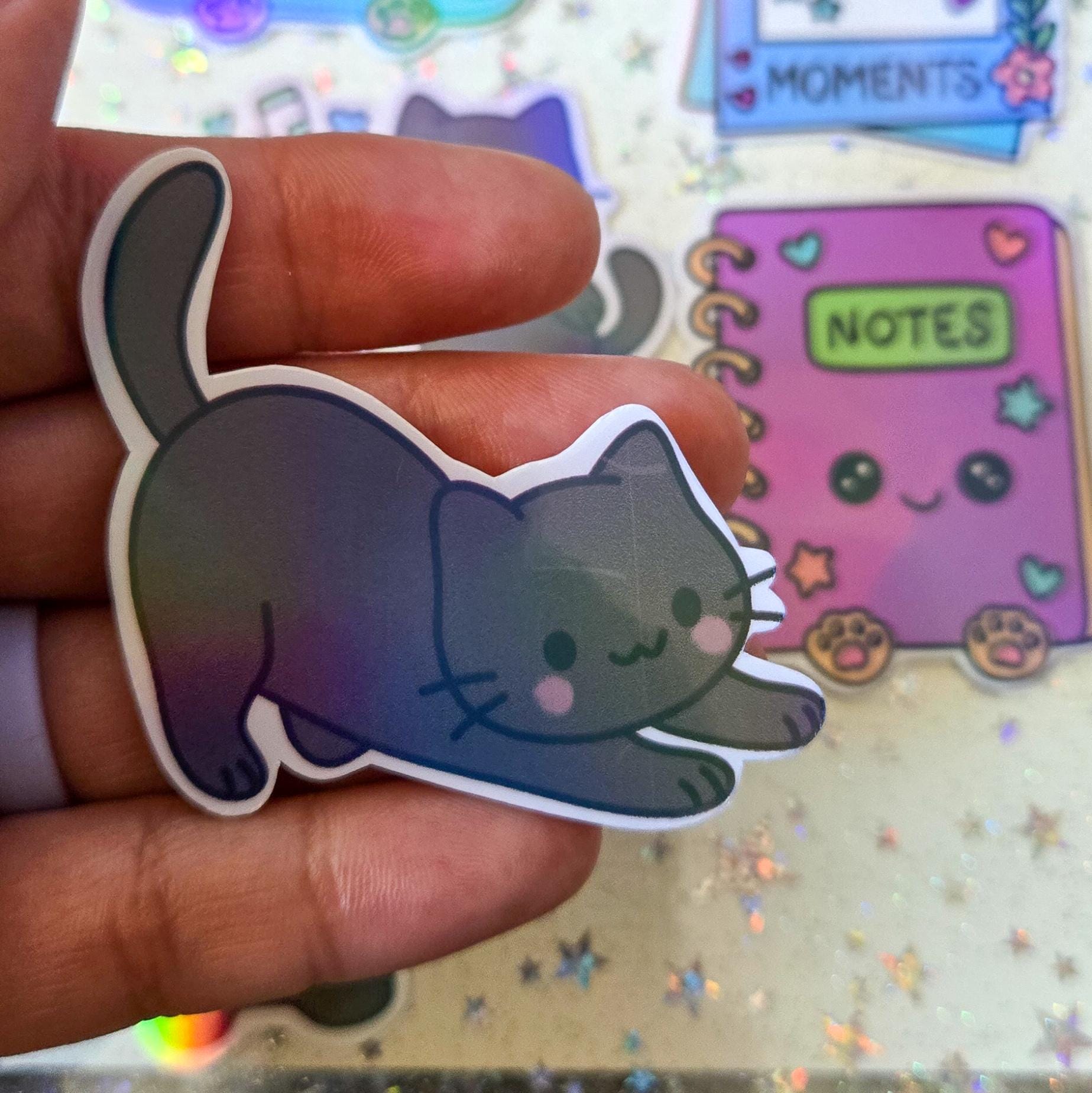 Stationary Kitty Themed Hand Drawn Glossy Holographic Sticker Flakes Planner Journal Laptop Notebook Stickers