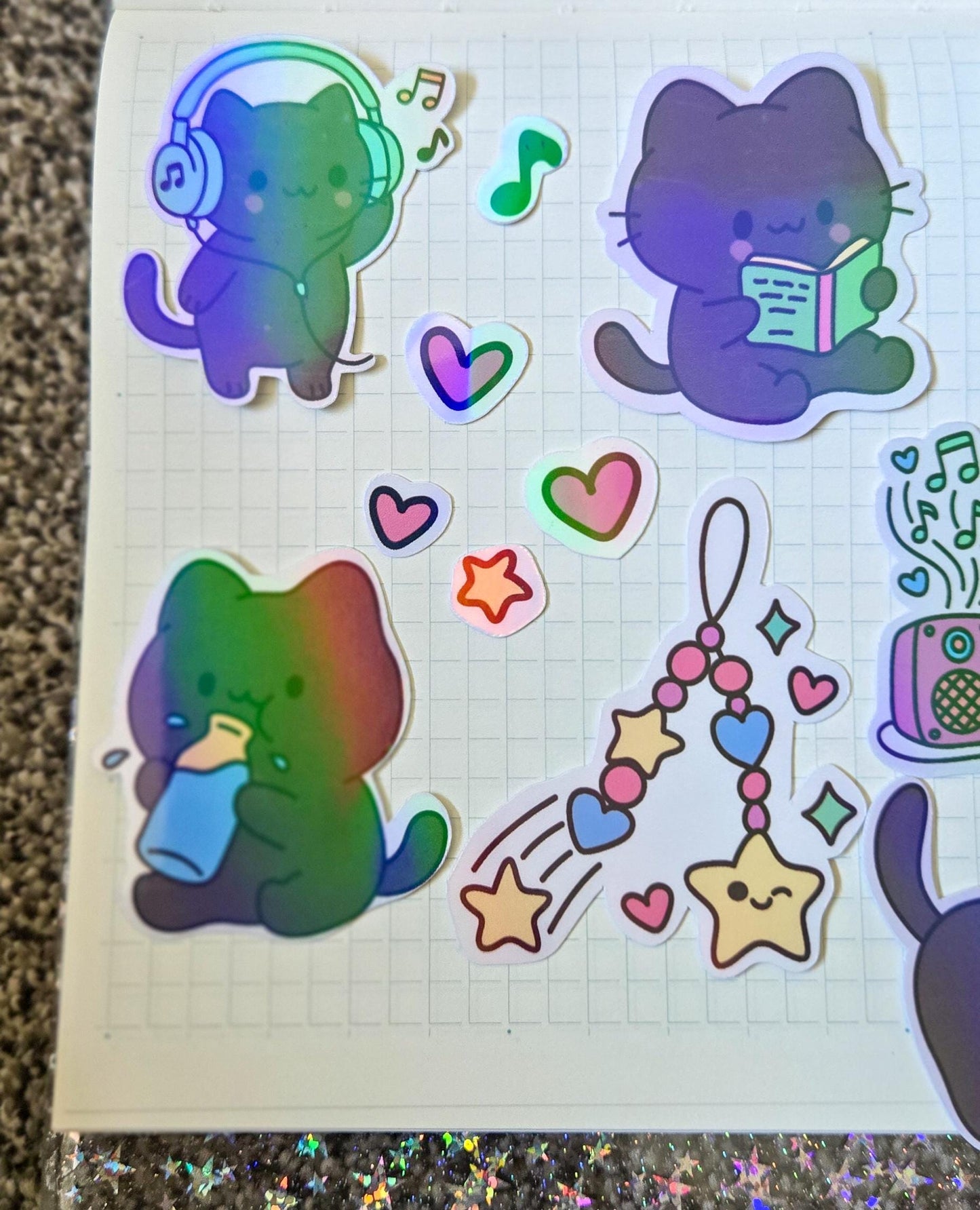 Stationary Kitty Themed Hand Drawn Glossy Holographic Sticker Flakes Planner Journal Laptop Notebook Stickers
