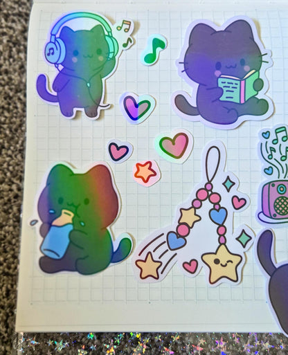 Stationary Kitty Themed Hand Drawn Glossy Holographic Sticker Flakes Planner Journal Laptop Notebook Stickers