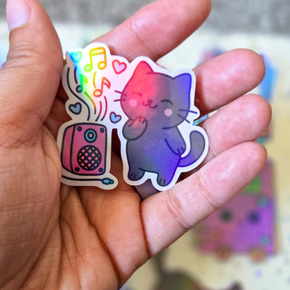 Stationary Kitty Themed Hand Drawn Glossy Holographic Sticker Flakes Planner Journal Laptop Notebook Stickers