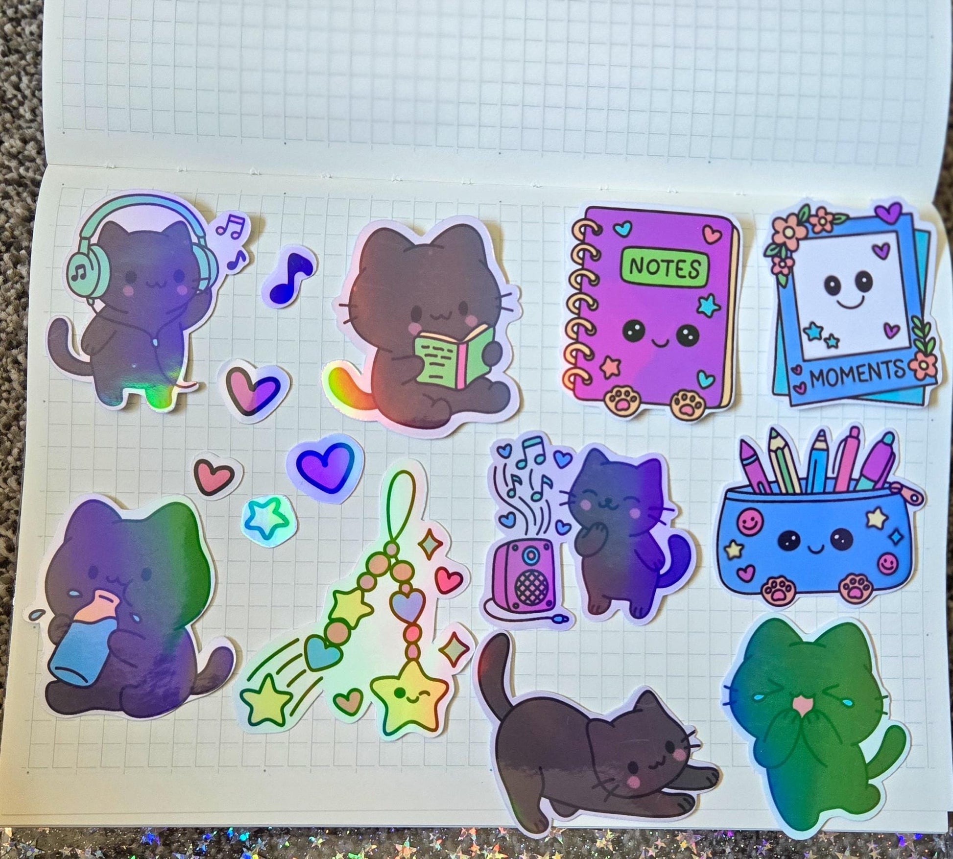 Stationary Kitty Themed Hand Drawn Glossy Holographic Sticker Flakes Planner Journal Laptop Notebook Stickers