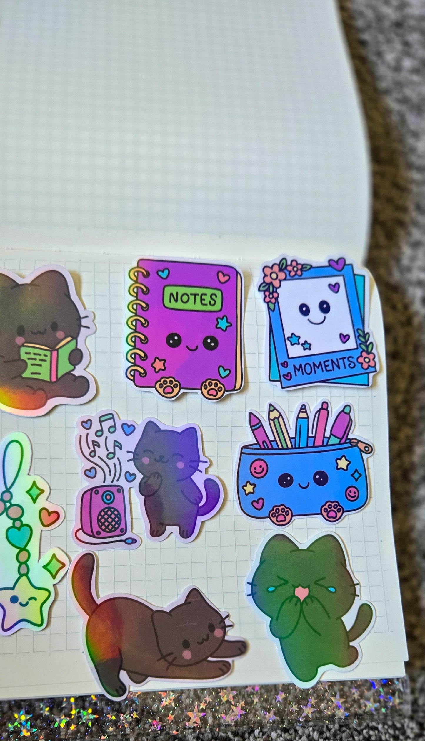 Stationary Kitty Themed Hand Drawn Glossy Holographic Sticker Flakes Planner Journal Laptop Notebook Stickers