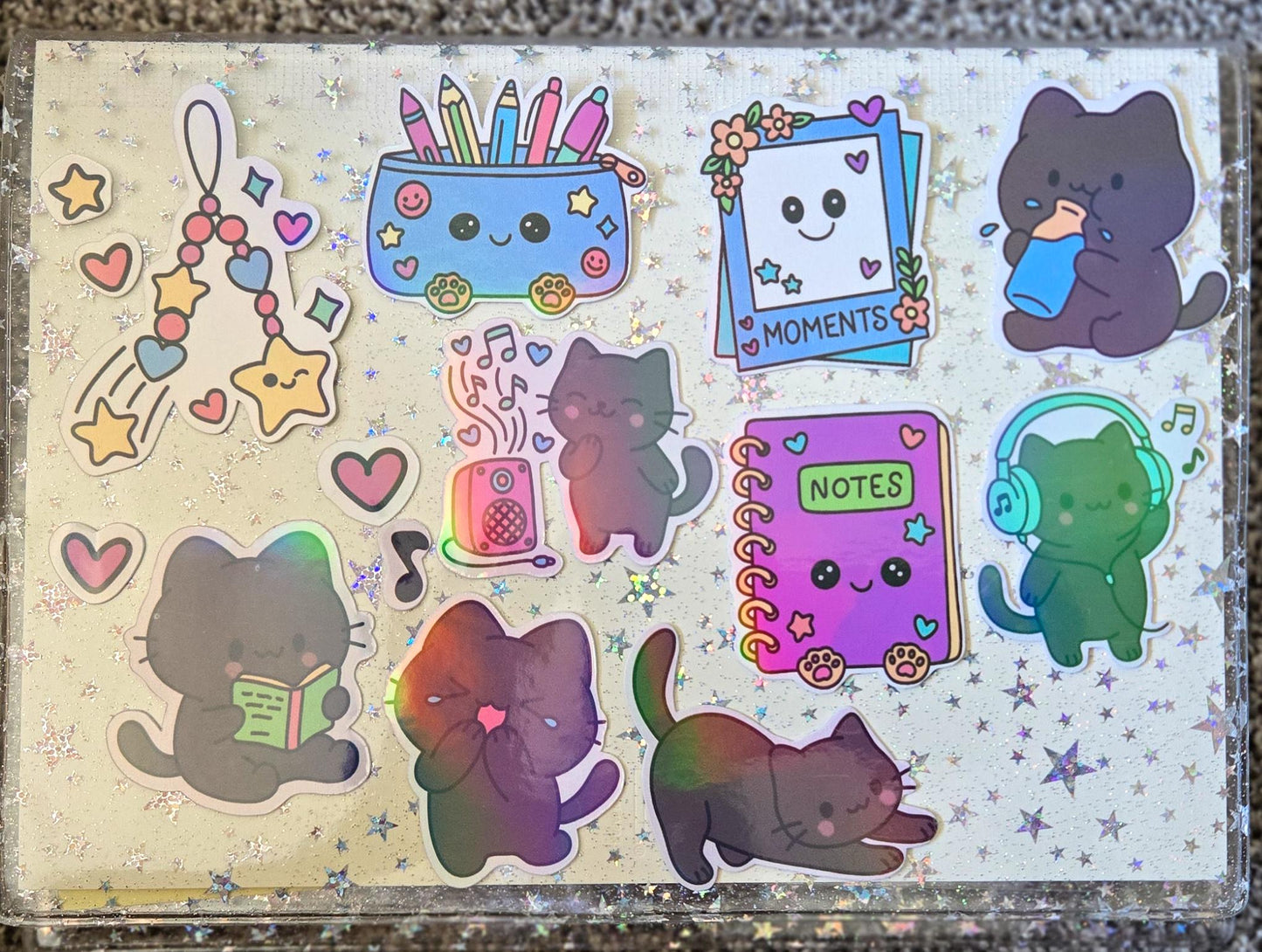 Stationary Kitty Themed Hand Drawn Glossy Holographic Sticker Flakes Planner Journal Laptop Notebook Stickers