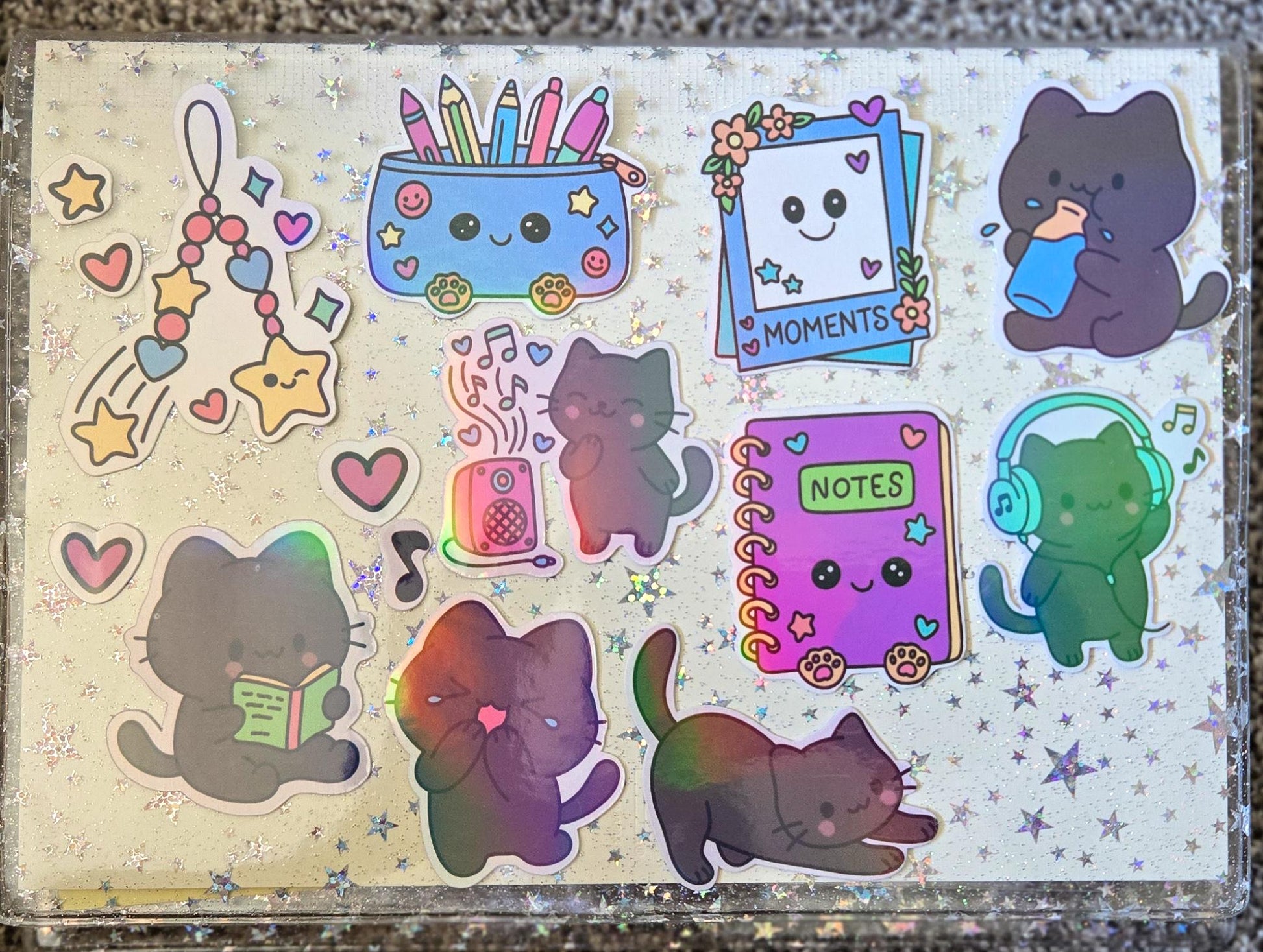 Stationary Kitty Themed Hand Drawn Glossy Holographic Sticker Flakes Planner Journal Laptop Notebook Stickers