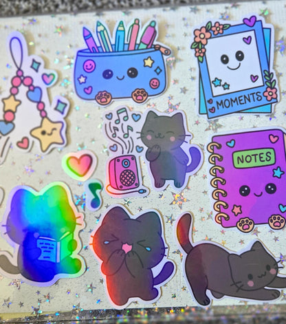 Stationary Kitty Themed Hand Drawn Glossy Holographic Sticker Flakes Planner Journal Laptop Notebook Stickers