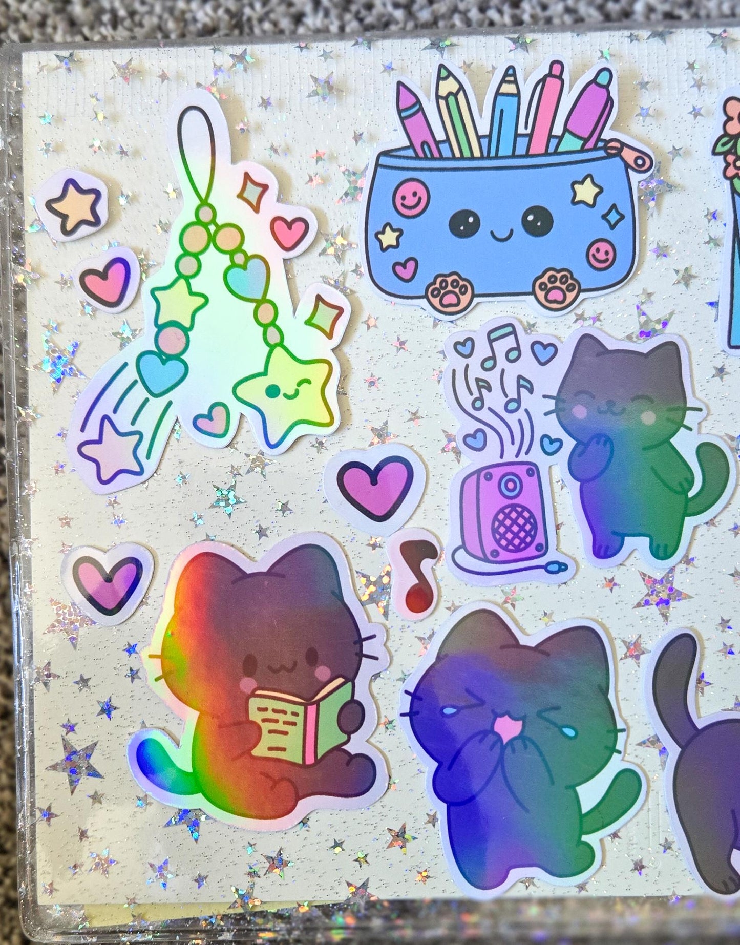 Stationary Kitty Themed Hand Drawn Glossy Holographic Sticker Flakes Planner Journal Laptop Notebook Stickers