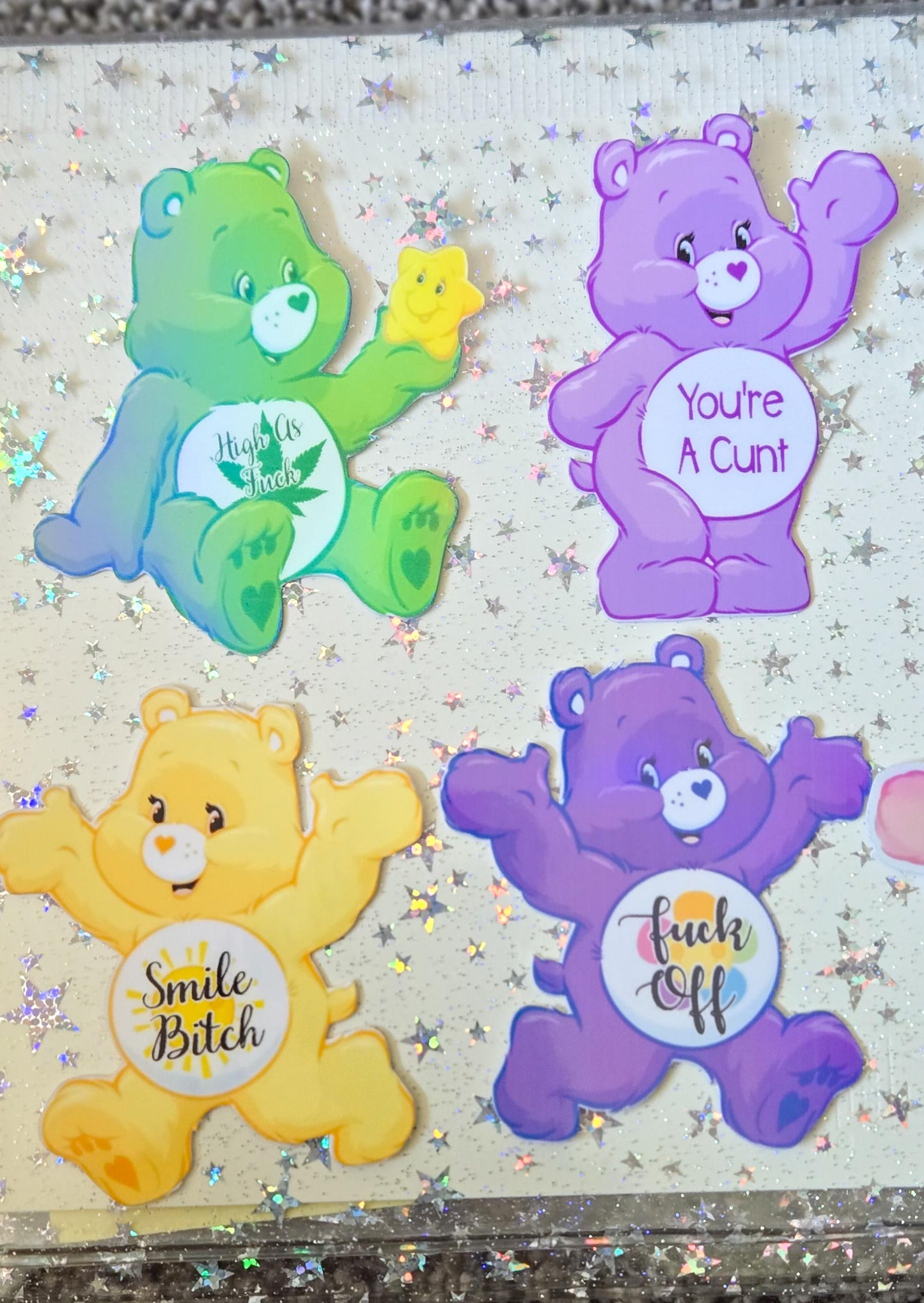 Swear Bears Themed Hand Drawn Glossy and Holographic Sticker Flakes