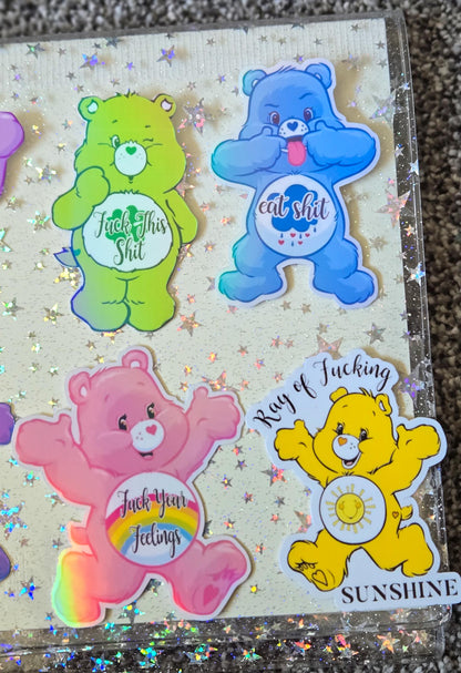 Swear Bears Themed Hand Drawn Glossy and Holographic Sticker Flakes
