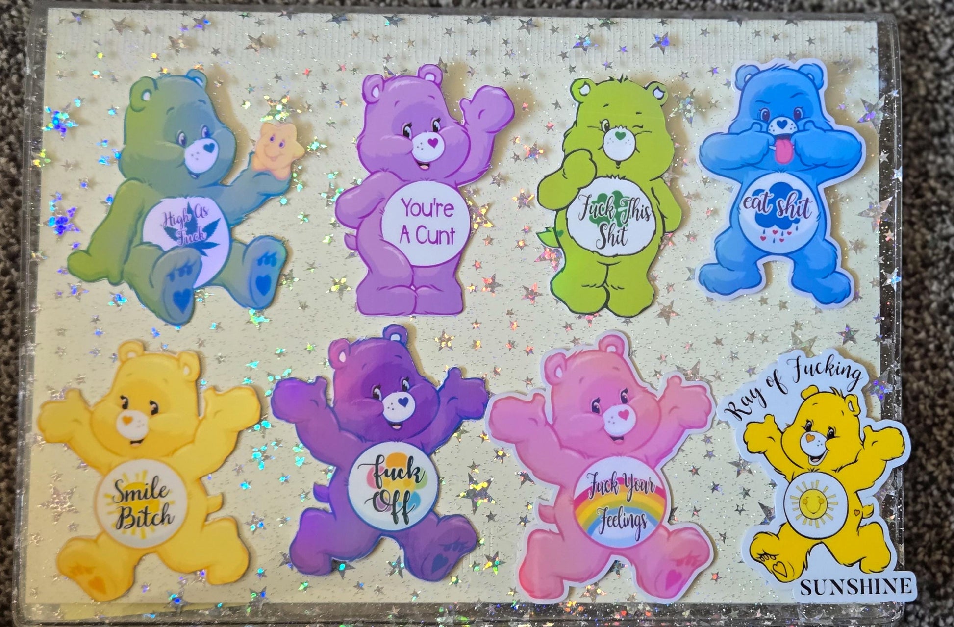 Swear Bears Themed Hand Drawn Glossy and Holographic Sticker Flakes