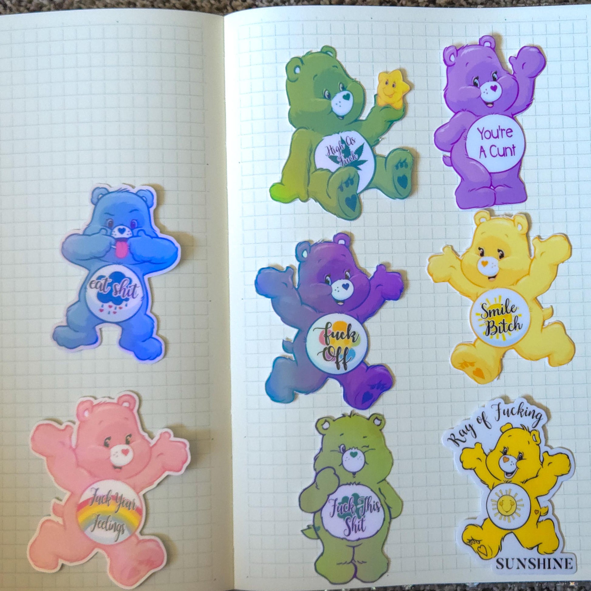 Swear Bears Themed Hand Drawn Glossy and Holographic Sticker Flakes