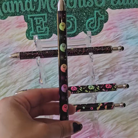 Neon Halloween Skulls Bats Spider Webs Refillable Retractable Gel Pen