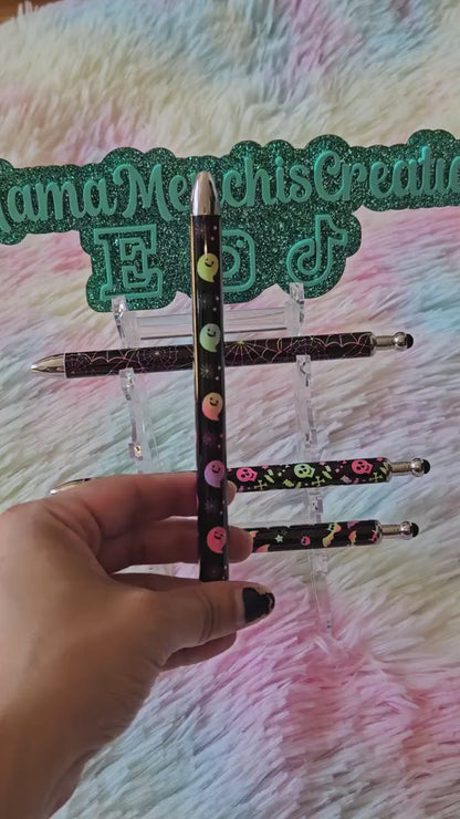 Neon Halloween Skulls Bats Spider Webs Refillable Retractable Gel Pen