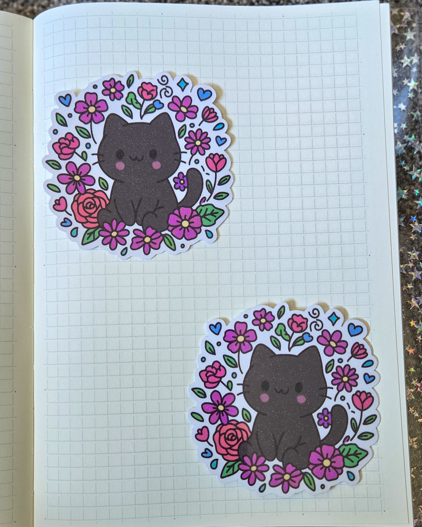Void Cat In Flowers Glossy Glitter Laminate  Die Cut Bujo Journal Planner Laptop Sticker (Copy)