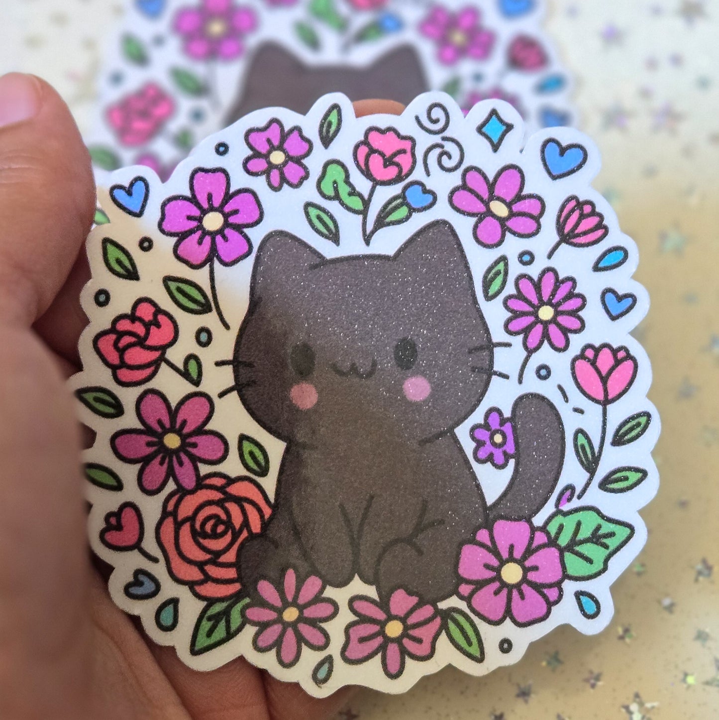 Void Cat In Flowers Glossy Glitter Laminate  Die Cut Bujo Journal Planner Laptop Sticker (Copy)