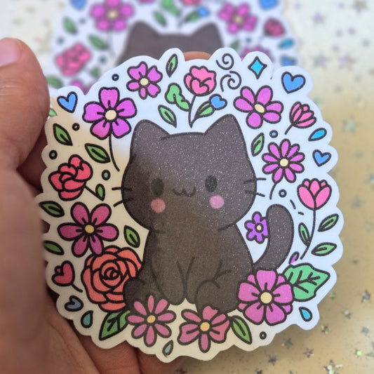 Void Cat In Flowers Glossy Glitter Laminate  Die Cut Bujo Journal Planner Laptop Sticker (Copy)